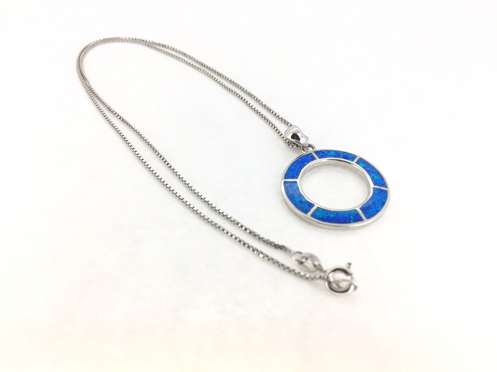 Sterling Silver/Blue Opal Round Inlay Pendant w/Chain