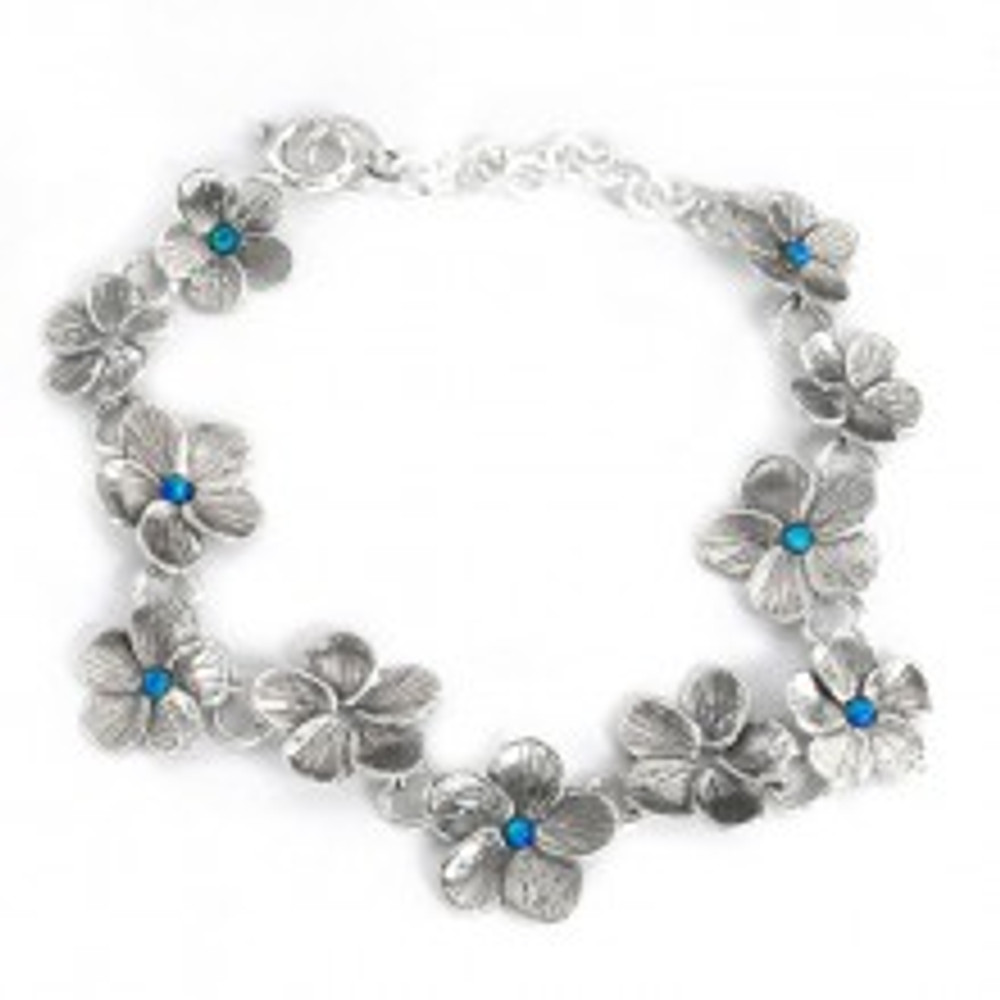 Silver Flowers Bracelet with Opals, 2 mm