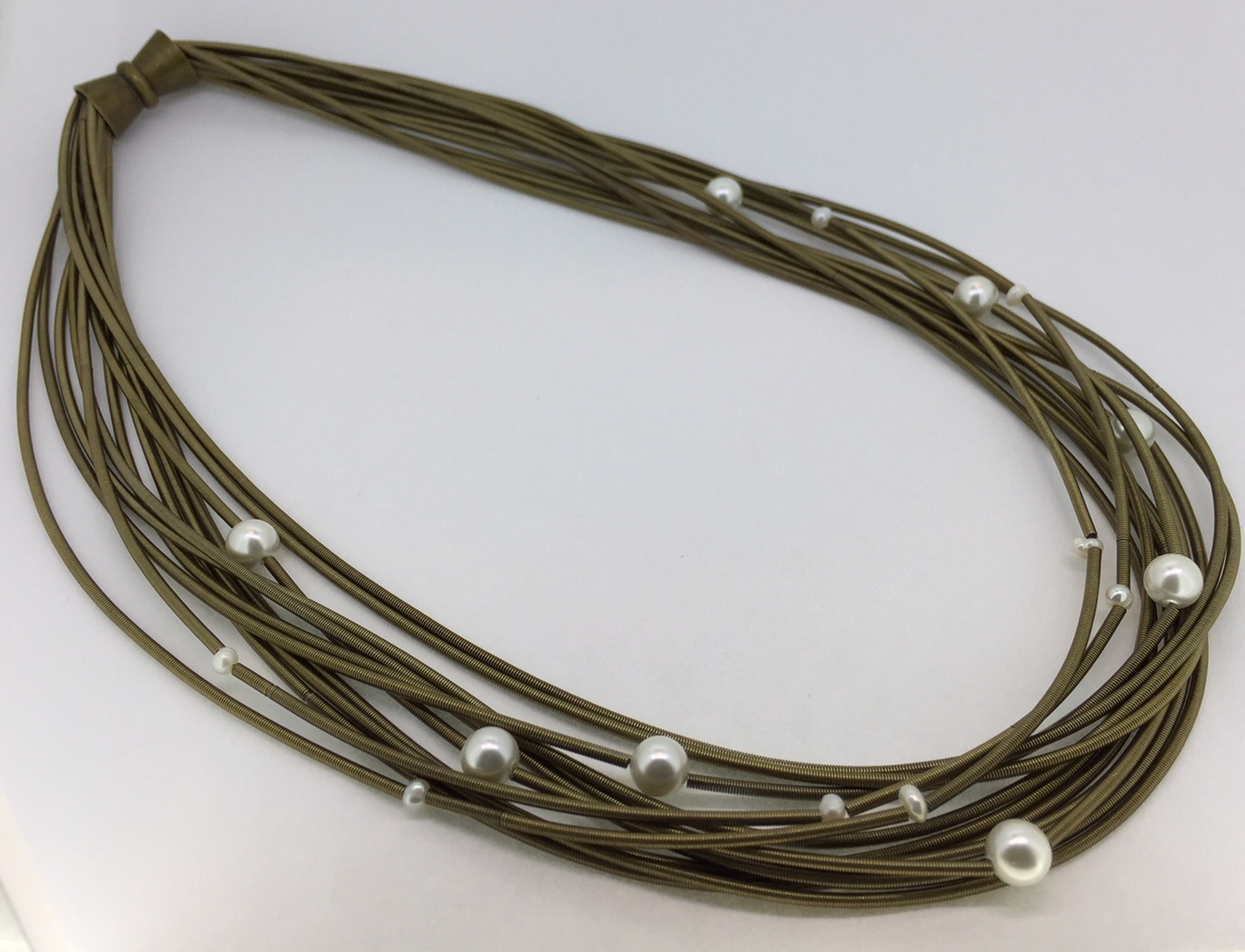 Bronze Piano Wire Necklace w/Fresh Water Pearls - Mima's Of