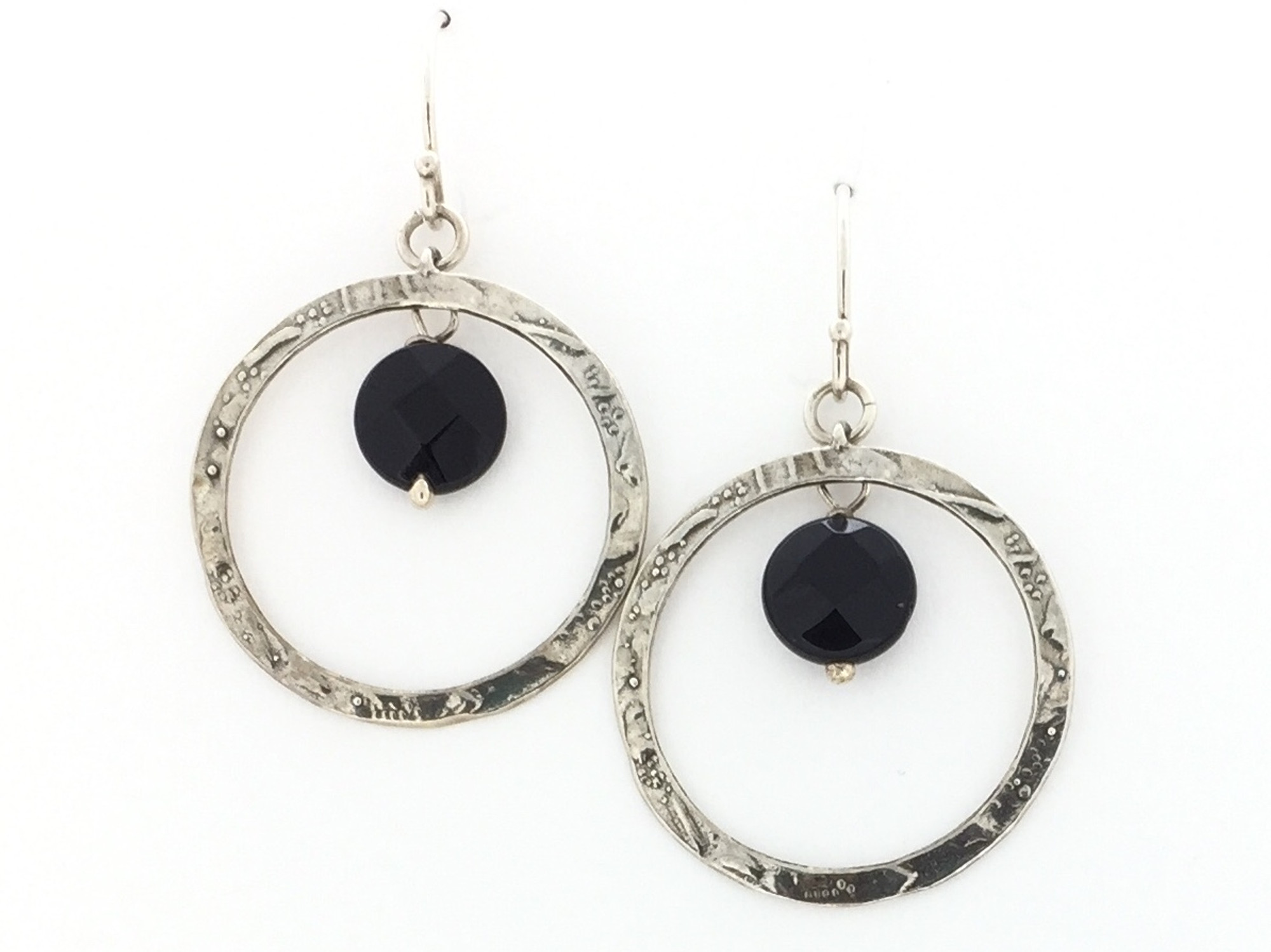 Textured Open Circle Onyx Fish Hook Earrings - Mima's Of Warwick, LLC