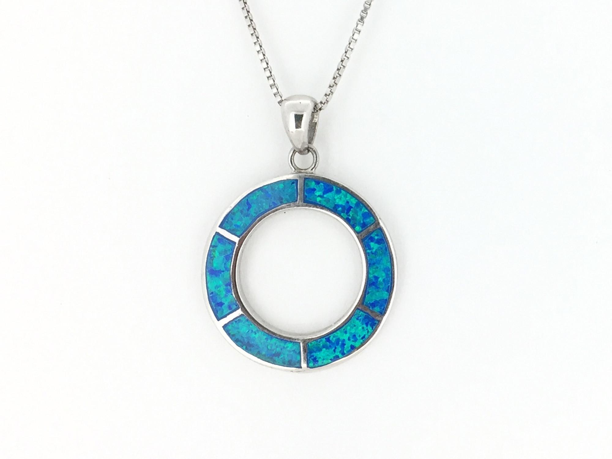 Sterling Silver/Blue Opal Round Inlay Pendant w/Chain