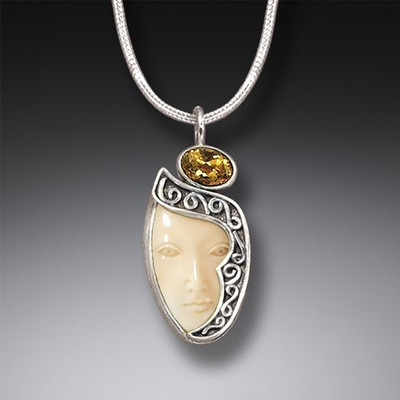 Sterling Silver Citrine and Ivory Enigma Face Pendant/Necklace