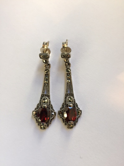 Marcasite Oval Garnet Post Dangle Earring