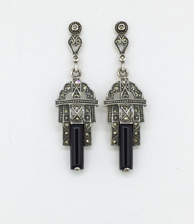 Marcasite/Onyx Post Drop Earrings