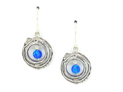 Open Circle w/Blue Opal Bead Fish Hook Earrings