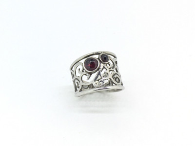 Wide Sterling Silver Filigree 2-Stone Garnet Ring