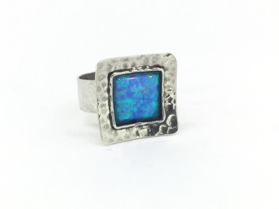 Hammered Sterling Silver Blue Opal Ring