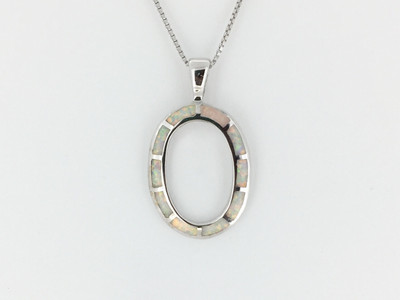 Sterling Silver/White Opal Oval  Inlay Pendant w/Chain