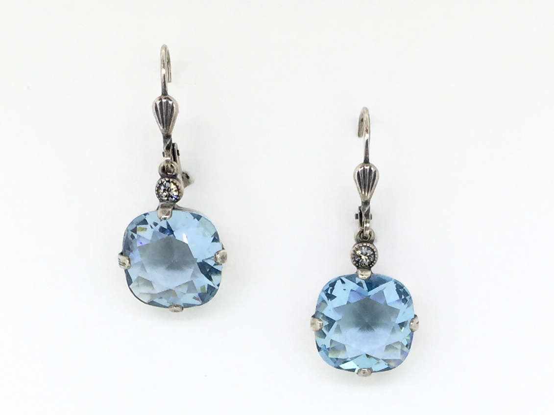 Silver Square Light Blue Crystal Earrings - Mima's Of