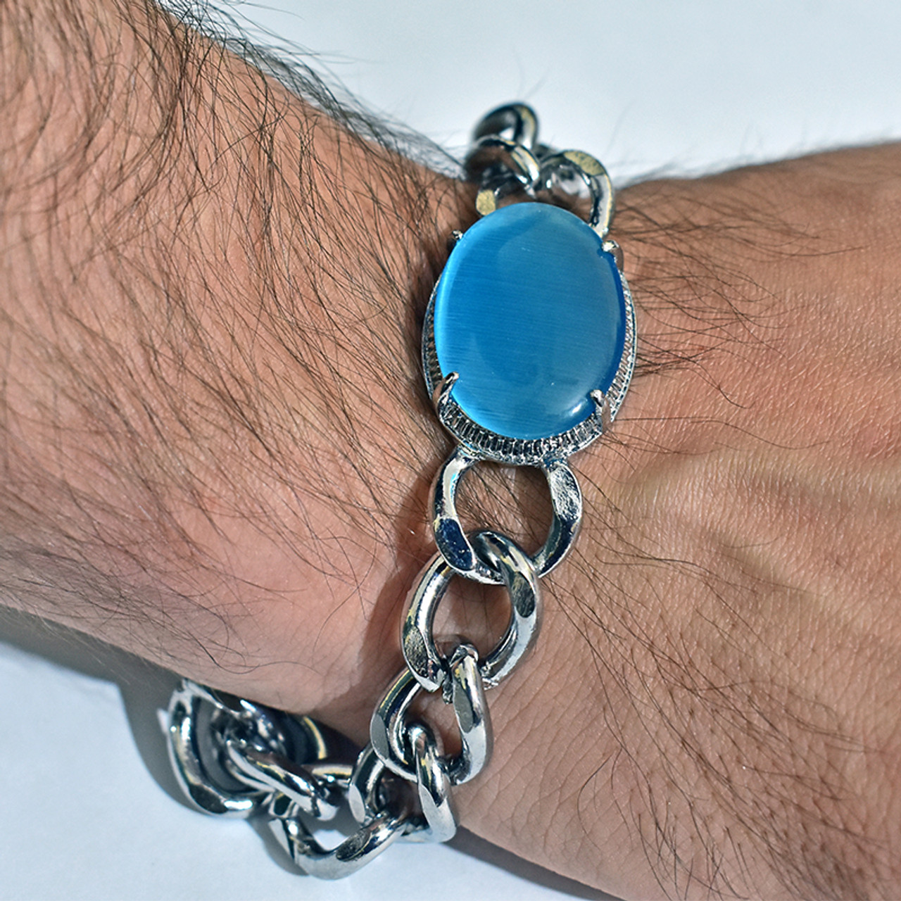 Blue Smooth Stone with Silver Chain Salman Bracelet