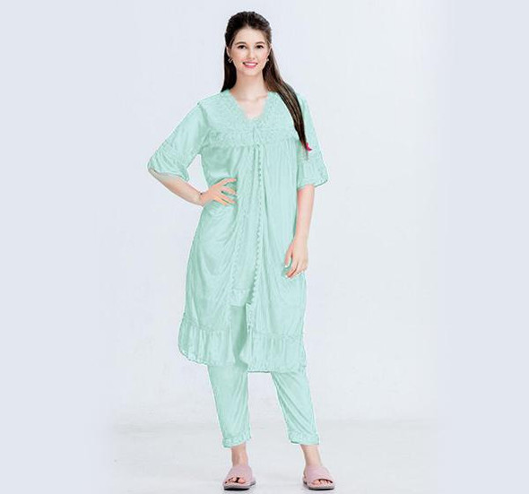 Sea Green Nightwear Silk Satin Night Suit for Ladies - 3 Pieces at Hiffey .pk