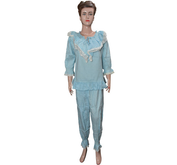 Women's Round Neck Cotton Pajama Set - Blue - Hiffey