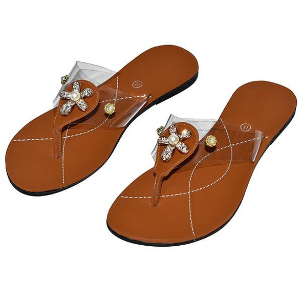 Brown Transparent Pearls Flower Bunch Slipper For Ladies at Hiffey .pk