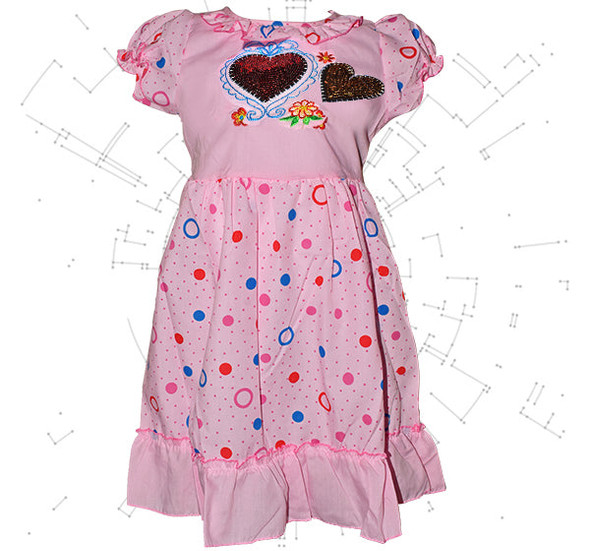 Multi Circle Printed Star Heart Frock For Girls - Pink - Hiffey
