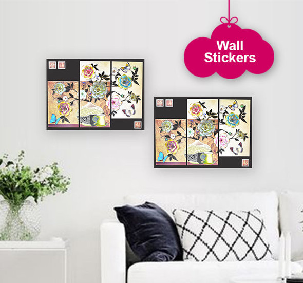 Butterflies And Multi Flowers Printed Wall Stickers at Hiffey .pk