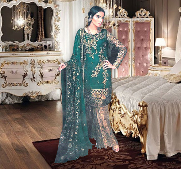 3 Piece Luxury Unstitched Suit With Embroidered Bunch - Dark Green at Hiffey .pk