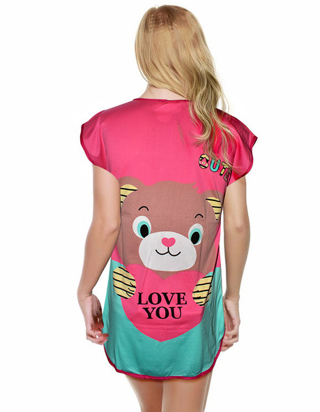 Teddy Proposing With Heart Love You Printed Short Night T-Shirt For Women - Multicolor - Hiffey