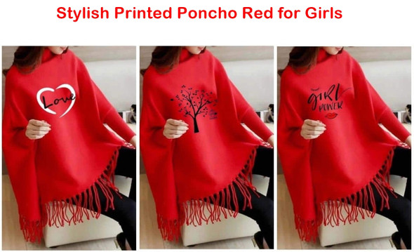 Stylish Printed Poncho Red for Girls at Hiffey .pk