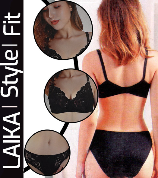 Laika Intimate Non-Padded Full Cup Lace Bra & Panty Set - Black