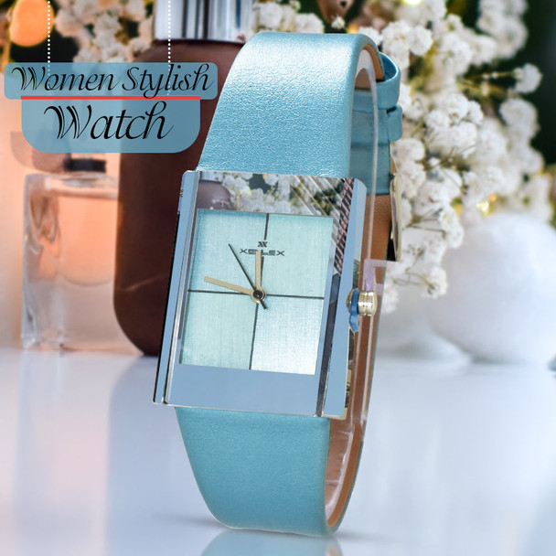 Square Leather Strap Watch for Ladies - Sea Blue at Hiffey .pk
