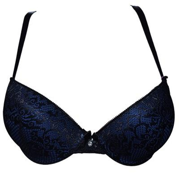 Floral Lace Push Up Padded Bra and Panty Set for Women - Navy Blue - Hiffey