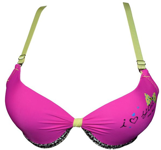 I Love You Printed Underwired Push Up Padded Bra for Women - Dark Pink - Hiffey