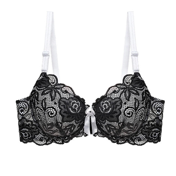Black Net & White Lace Padded Push Up Wired Bra for Ladies - Hiffey