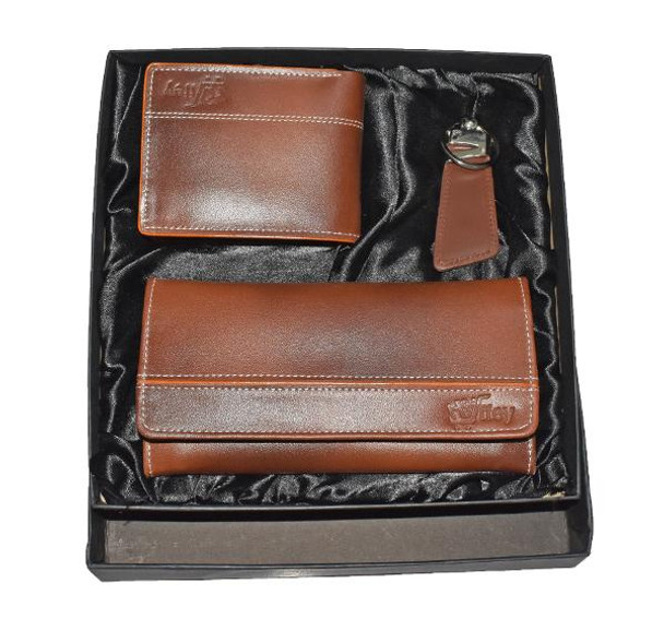 Original Cow Leather Clutch, Purse & Key Chain Gift Set - Brown - Hiffey