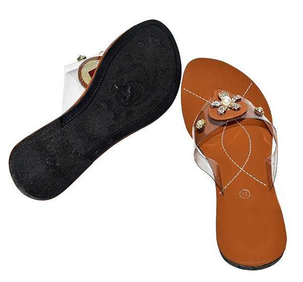 Brown Transparent Pearls Flower Bunch Slipper For Ladies - Hiffey