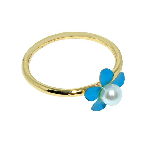 Sea Blue Flower With White Pearl Ring For Girls - Golden