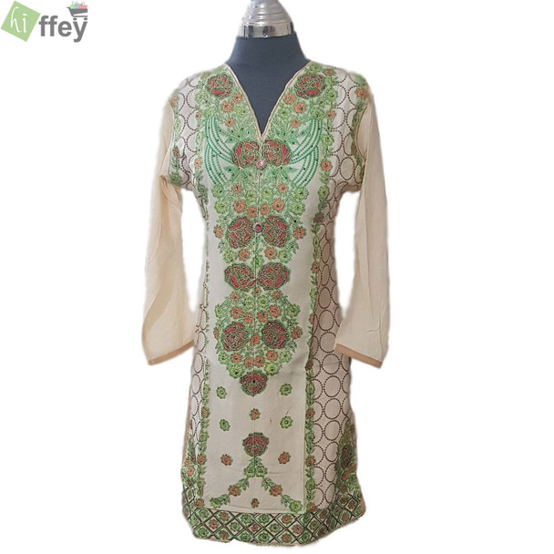 Off White Color Full Green Embroidered Kurti for Women at Hiffey .pk