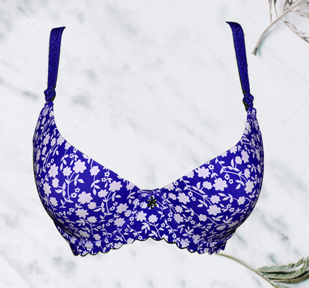 Pretty White Floral Print All Over Wired Bra - Blue - Hiffey