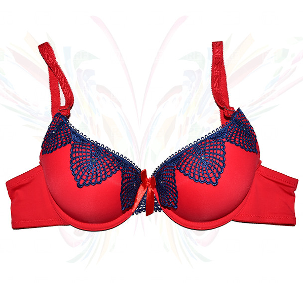 Lace Web Balconette Printed On Plain Padded Wired Bra - Red