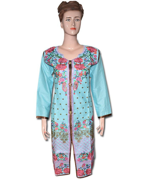 Sky Blue Rose Embroidered Kurti at Hiffey .pk