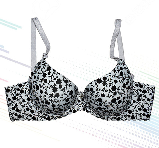 Rose Petal Printed Padded Wired Bra - Black - Hiffey