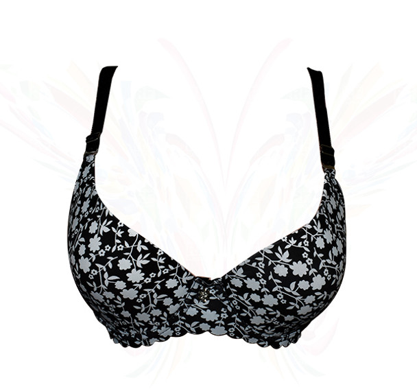 Pretty White Floral Print All Over Wired Bra - Black