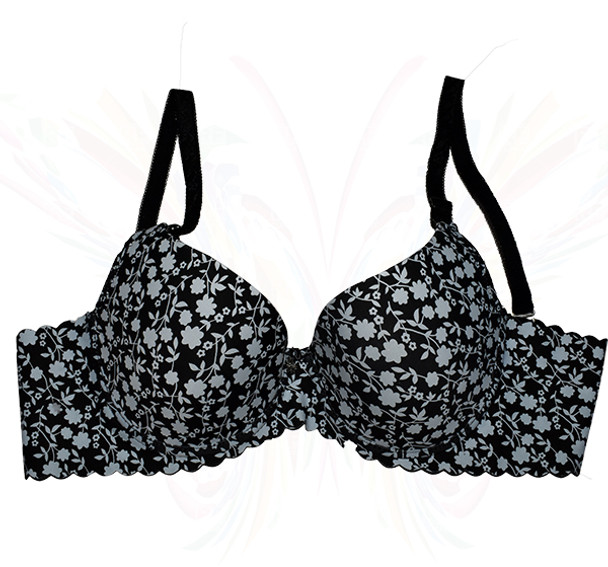 Pretty White Floral Print All Over Wired Bra - Black