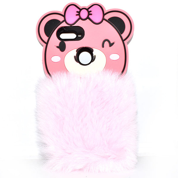 Fluffy Hairy Bear Face Mobile Back Covers For Oppo - Pink - Hiffey