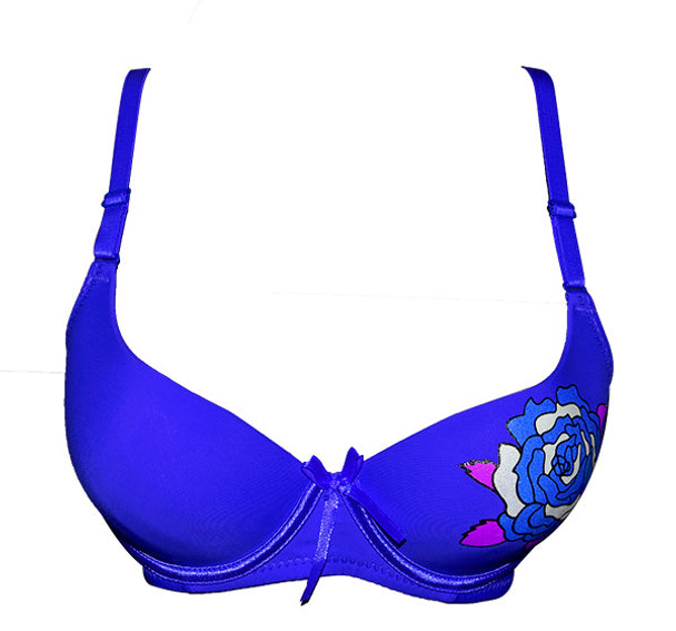 Rose Painted Design Padded Wired Bra - Blue - Hiffey