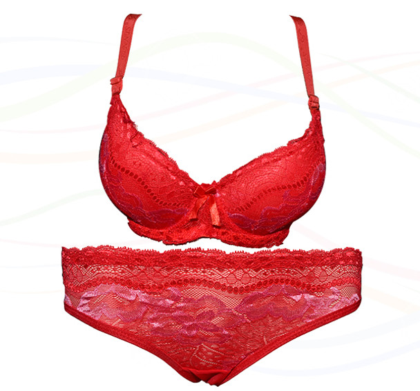 Sheer Bralette Padded Wired Bra and Panty Set - Red