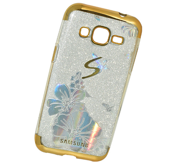 Samsung Galaxy J2 Glitter Shiny Silver Flower Textured Mobile Back Cover - Golden at Hiffey .pk