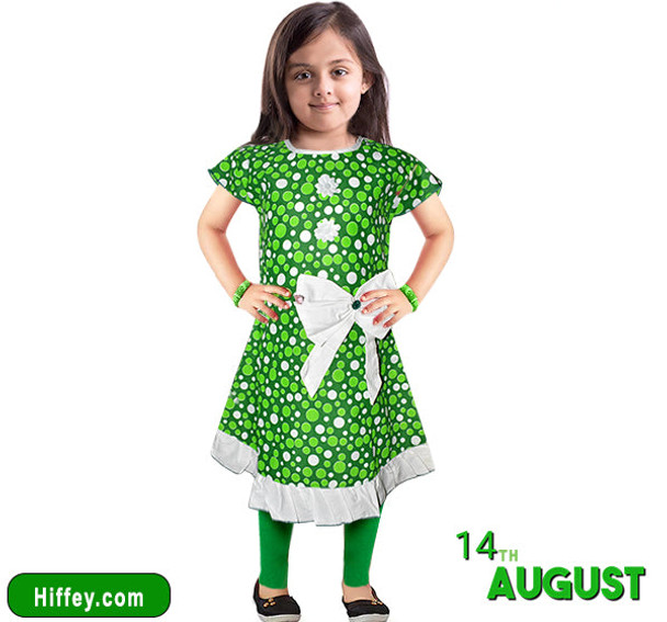 14 August Polka Dots Printed Frocks & Pajama - Green & White at Hiffey .pk