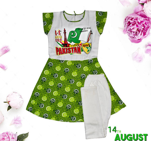 I love Pakistan Printed Frock & Pajama For Girls - Green & White - Hiffey