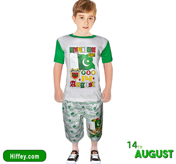 Independence Day Celebration Shirt & Short For Boys - Green & White at Hiffey .pk