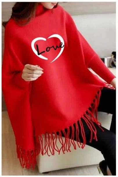 Stylish Printed Poncho Red for Girls - Hiffey