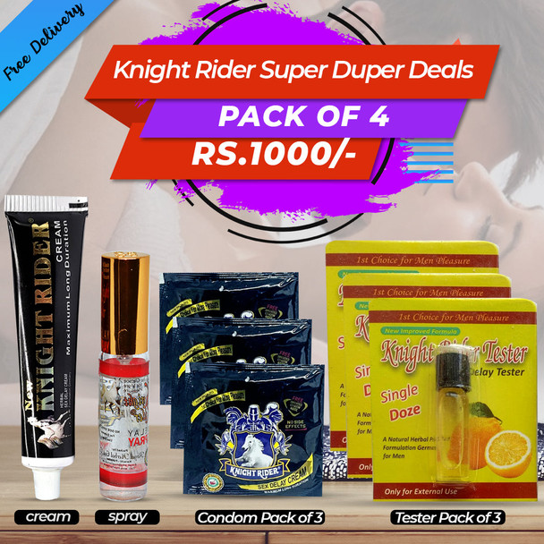 Knight Rider Super Duper Deal Pack of 04 ( Cream, Spray, Condom & Tester ) - Hiffey