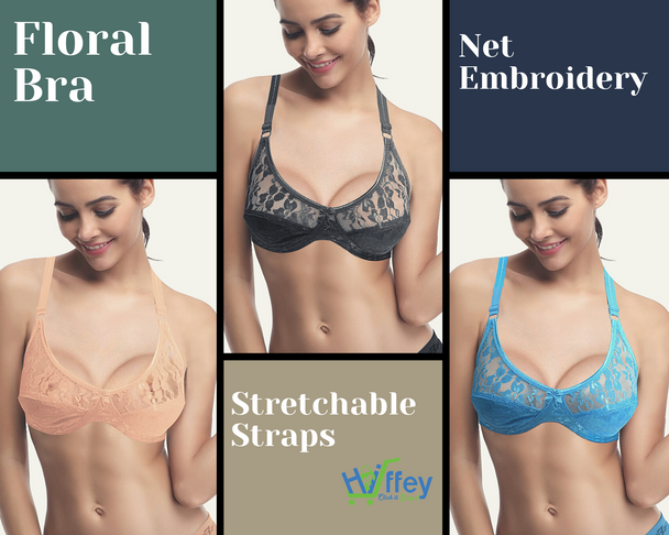 Net Embroidery Lace Floral Bra with Stretchable Straps at Hiffey .pk