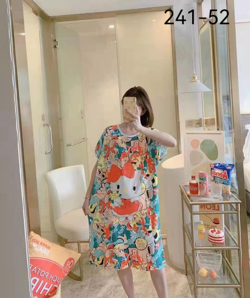 Women Milk Silk Cartoon Print Nightdress Round Neck Short Sleeve  Loose Homewear Nightgown Shirt Casual Sleepdress