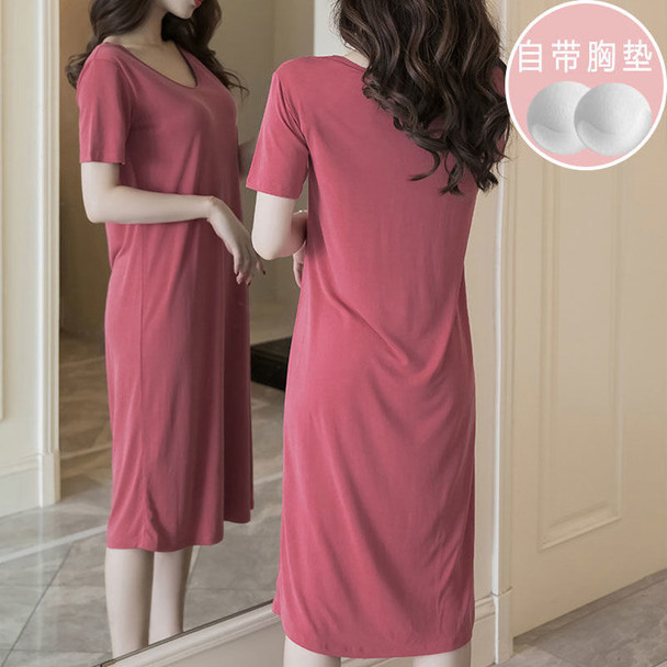 Comfy Chic Casual Sleep Shirt with Built-in Bra - Soft Modal Blend Nightgown & Knee-Length Nightdress for Women - Free Size