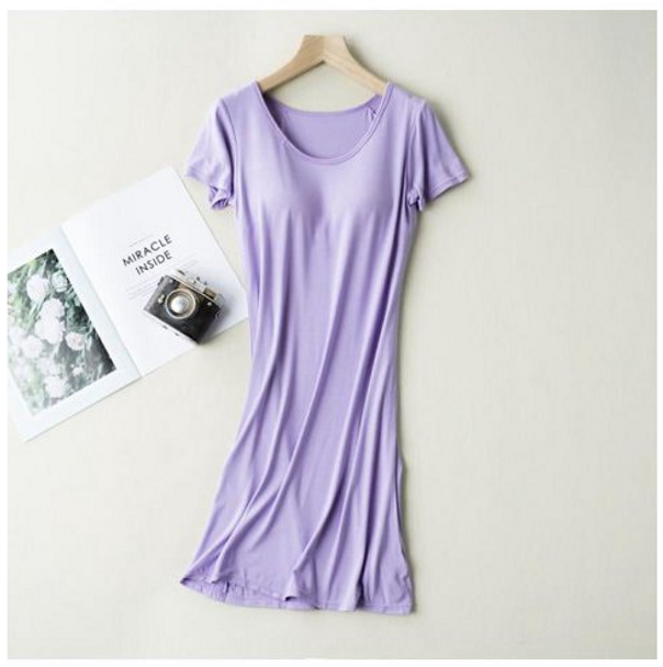 Comfy Chic Casual Sleep Shirt with Built-in Bra - Soft Modal Blend Nightgown & Knee-Length Nightdress for Women - Free Size